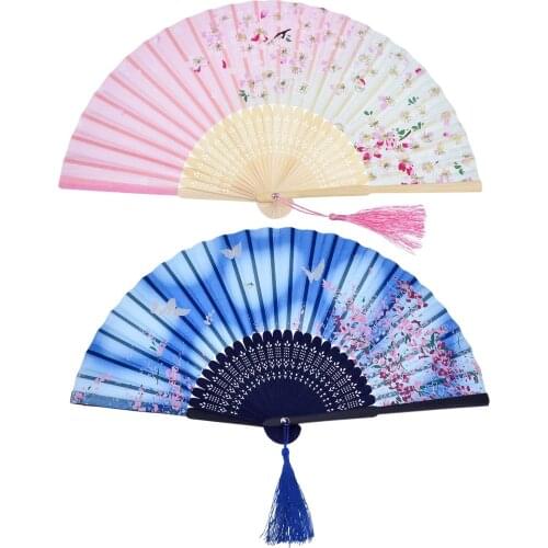 20PCS Folding Handheld Bamboo Fans with Tassel Womens Hollowed for Wall Decoration Gifts Blue Butterfly, Pink Cherry Pattern