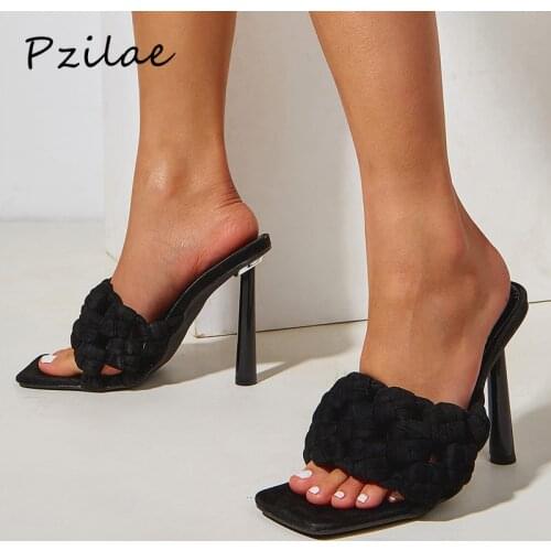 Pzilae 2021 Summer Women Slippers Sandals Stretch Fabric Weave Vintage Square Toe Mules Shoes Sexy High Heels Runway Party Pumps