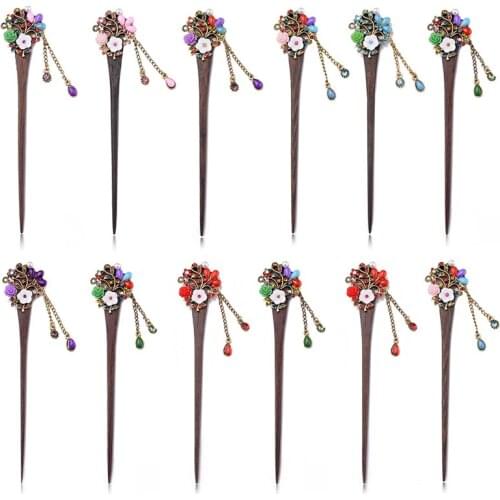 Imixlot 1 Piece Random Resin Flower Wooden Hair Sticks Women Girls Vintage Rhinestone Beads Tassel Hairpins Fashion Headwear
