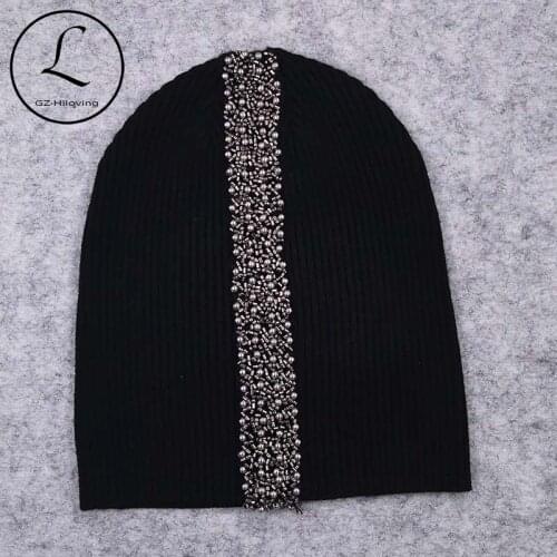GZHilovingL New Spring Cotton Stretch Stripped Beanies Hats For Women Soft Wool Pearl Beads Strap Knitting Skullies Hat and Caps