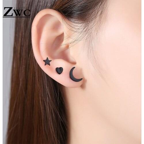 ZWC Fashion Personality Simple Star Moon Love Heart Stud Earrings for Women and Girls Party Charm Exquisite Earrings Set Jewelry