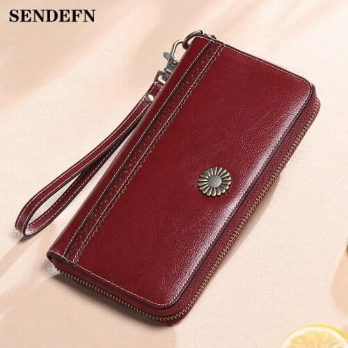SENDEFN Cow leather Women Wallets Coin Pocket zipper Card Holder Korean retro large capacity female clutch portfel damski wallet