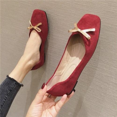 Spring New Red Shoes Women Wedding Shoes Flat Heel Bowknot Lady Flats Flock Leather Square Head Soft Sole Size 31-46 Extra Big