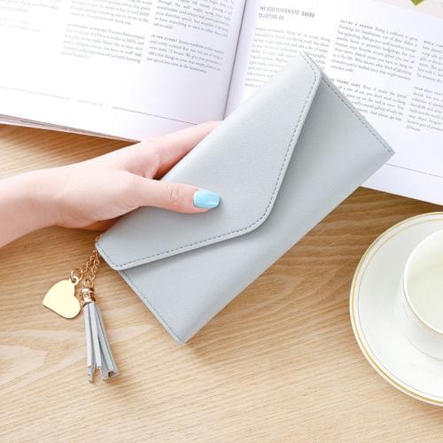 Ladies Long PU Wallet Tassel Bi-Fold Ladies Clutch, Solid Color Button Wallet Envelope Solid Color All-Match Fashion Wallet