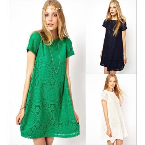 Womens Dress Summer Kaleidoscope Style Loose Short-sleeved Hook Flower Hollow Lace Dress Mini Dress Vestidos De Verao HA22