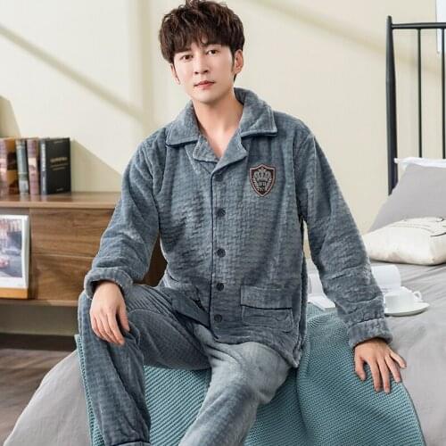 Winter Coral Fleece Pajamas for Men 2 Pieces Lounge Sleepwear Mens Pijama Bedgown 2021 Home Clothes PJ Grey Warm Thicken Pajama