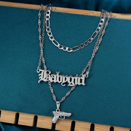 3Pcs/set Vintage Babygirl Alphabet Pistol Pendant Necklace Punk Hip Hop Multilayered Necklace Sets for Women Jewelry Party Gift