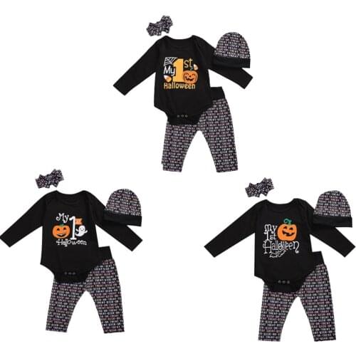 3M-18M Infant Boy Girl Halloween Autumn Long-sleeved Bodysuit Printed Trousers Hats Hair Accessories Festive Costumes 4Pcs