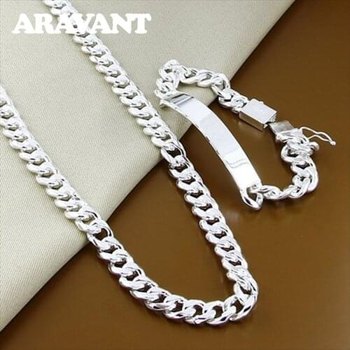 925 Silver Jewelry Sets Flat Link Chain Necklaces Bracelet For Men Women Wedding Jewelry Set