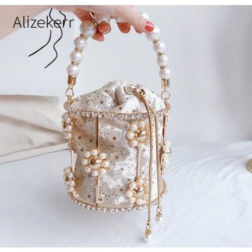 Hollow Out Evening Clutch Bag Womens Flowers Diamond Pearl Metallic Cage Handbags And Purses Ladies Bucket Bag Dinner Party