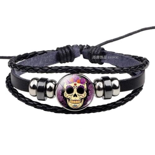 Sugar Skull Black Leather Bracelet Men Women Day of The Dead Handmade Jewelry Accessories