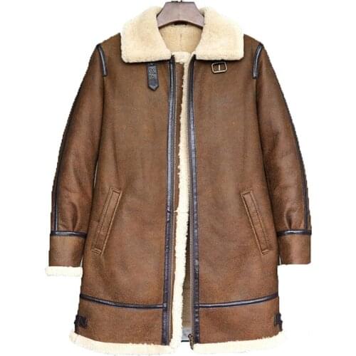Mens Long Style B3 Shearling Sheepskin Bomber Jacket B7 Pilots Coat Mens Fur Coat Winter Flying Jacket