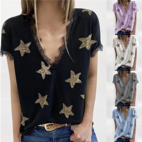 Summer V-neck Print Lace T-Shirt Women Casual Loose Top Ladies Short Sleeve Basic Tees Camiseta De Mujer Female Clothing