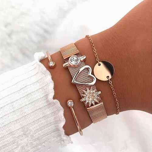 Mavis Hare Rose Gold Mesh Strap Bracelet The Perfect Match Mesh Charm Bracelet set with Crystal Ball Bangle and Circle Bracelet