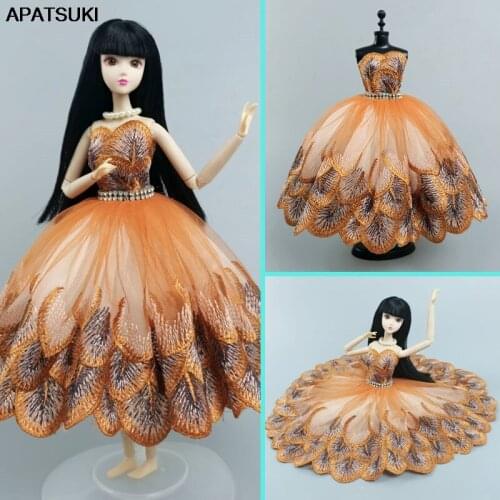 Orange Feather Fashion Ballet Dress For Barbie Doll Outfits 1/6 Doll Accessories Rhinestone Clothes 3-layer Skirt Party Gown Toy