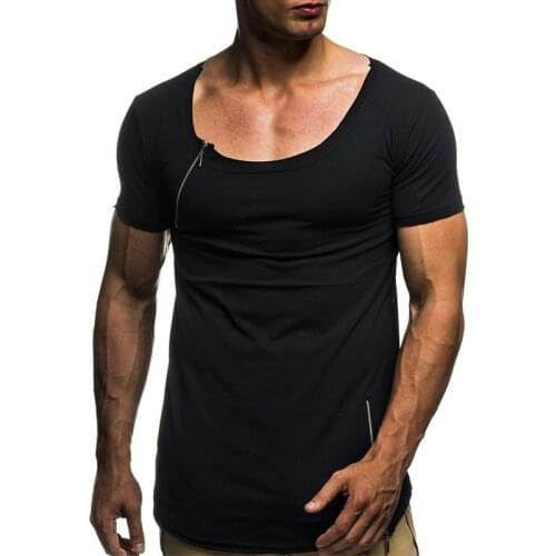 Mens Round Neck T Shirts Tops Zipper Plain Slim Fit Short Sleeve Occident New C7