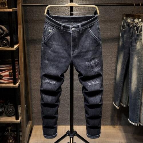 Oversized Mens Slim Jeans New Autumn Hole Patch Design Stretch Denim Pants Male Brand Trousers Plus Size 42 44 46