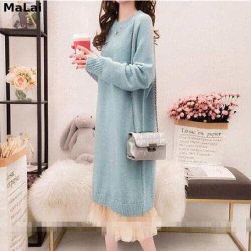 Mesh Maxi Sweet Dress Winter Fairy Full Sleeve Autumn Wear O Neck Thick Bottom One Piece Women Loose Long Knitted Sweater Dress