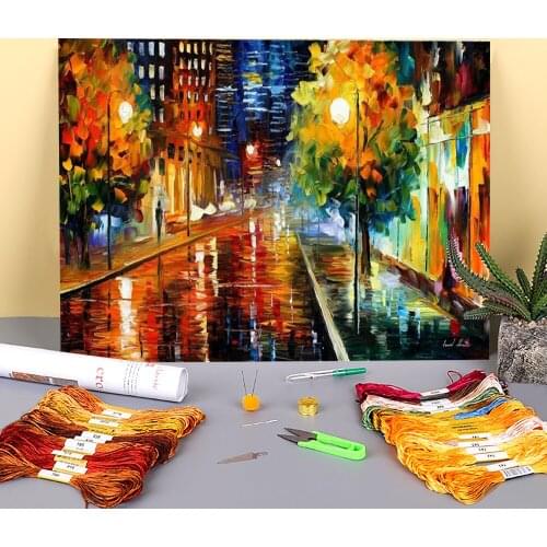 Downtown Street Pre-Printed 11CT Cross Stitch Embroidery Full Kit DMC Threads Handicraft Handiwork Needlework Handmade Magic