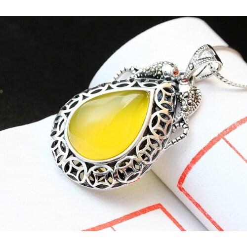 Retro Silver Jewelry Wholesale Handmade Vintage Natural Chalcedony Thai Silver Pendant S925 Sterling Silver Women Pendant