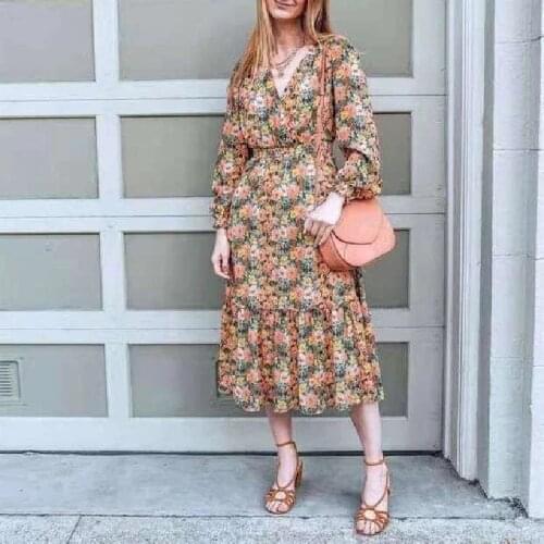 2021 Autumn Womens Floral Dress Oil Painting Cross Long Lantern Sleeve V-Neck Slim Waist Two Pieces Set Lady Sweet Long Robe