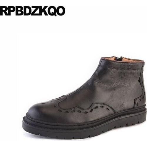 Winter British Style Sheepskin Wingtip Fur Comfortable Faux Genuine Leather Shoes Booties Mens Boots Warm Brogue Black Zipper