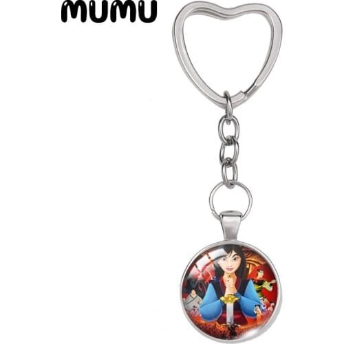 2021 New Mulan Heart Keyring Princess Keychain Glass Dome Cabochon Jewelry Gifts Children