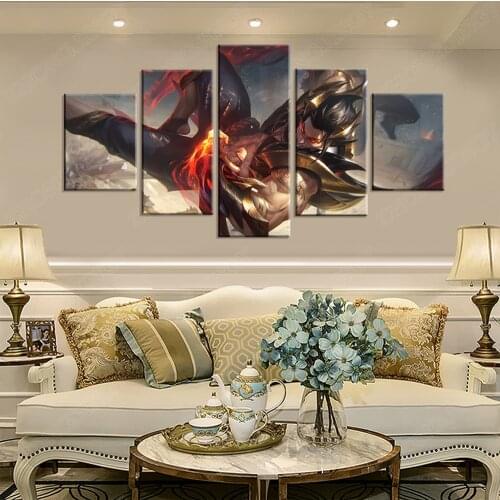 5 Panel Obsidian Dragon Sett(League of Legends) Games Poster Wall Decor Paintings for Bedroom Decor, framed