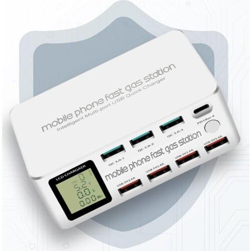 8-Port QC3.0 USB /Type C PD 18W Fast Charger Station Smart LCD Display Quick Charging Power Adapter for Cellphone Tablet