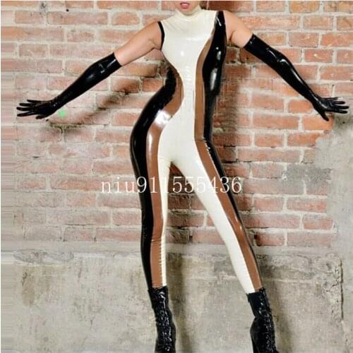 Handmade Latex Catsuit Rubber Bodysuit Women Sleeveless Black Brown and White Bodysuit Size XXS-XXL (no gloves)