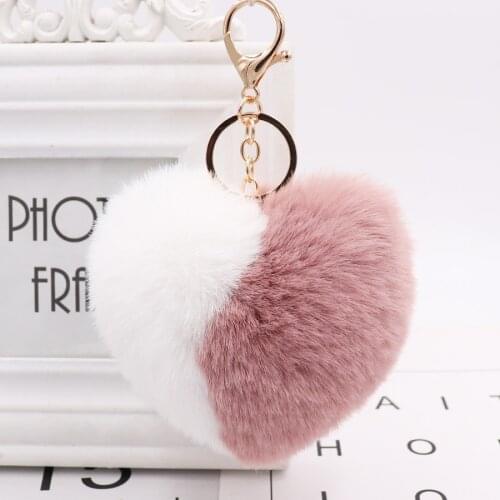Love Heart Pompom Ball Keychains for Women Purse Bag Charm Pendant Car Key Ring Chain