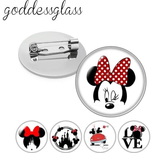 Disney Love Minnie Face Cute symbol Round Glass cabochon Silver color Brooch Dome Photo Jewelry Brooches Pin For Gift