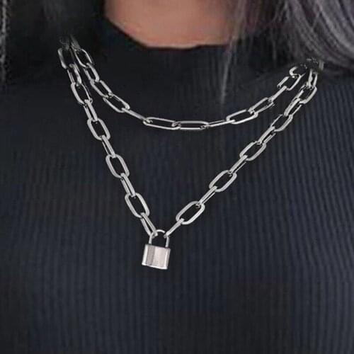 2 Pcs/Set Women Simple Necklaces Set Silver Color Chain Lock Pendant Clavicle Chain Summer Beach Charm Ladies Necklace Jewelry