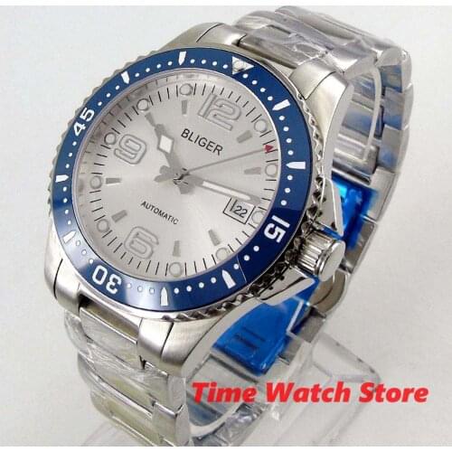 Bliger 40mm Miyota 8215 automatic watch men sapphire glass waterproof silver white dial ceramic bezel luminous