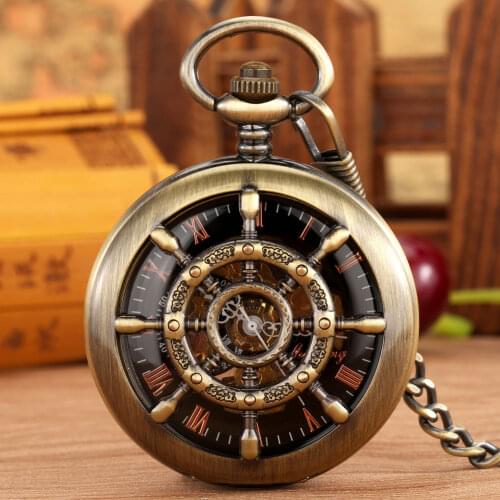 Brass Hollow Out Rudder Design Manual Mechanical Pocket Watch Roman Numerals Black Watch Face Men 30cm Pendant Gift For Women