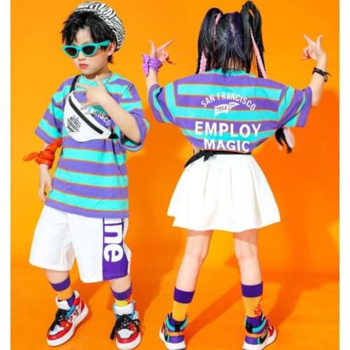 Kids Concert Hip Hop Clothing Stripe T Shirt Tops Mini Skirt Shorts Streetwear for Girls Boys Jazz Dance Costume Show Outfits