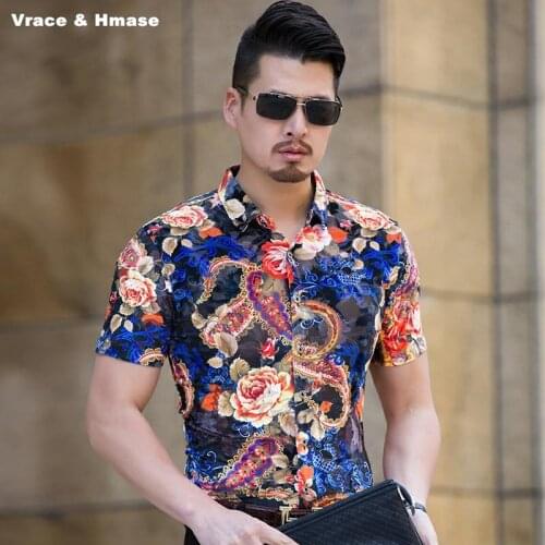 European-style 3D exquisite flower pattern fashion slim short sleeve shirt Summer New quality gold velvet silk shirt men M-XXXL