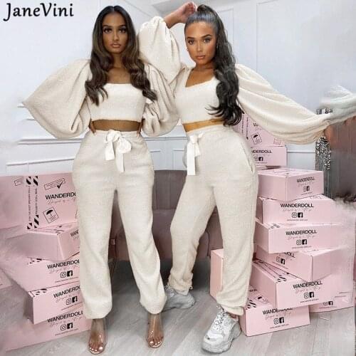 JaneVini Winter Plush Women Two Piece Set Square Neck Long Sleeve Crop Top and Trousers Suit Elastic Waist Pants Streetwear 2021