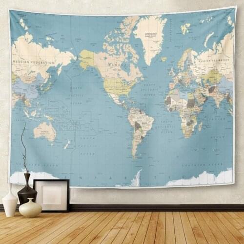 Brown Vintage World Map Retro Colors America Centered All are Separated in Layers Clearly Labeled Navy Tapestry Wall Hanging