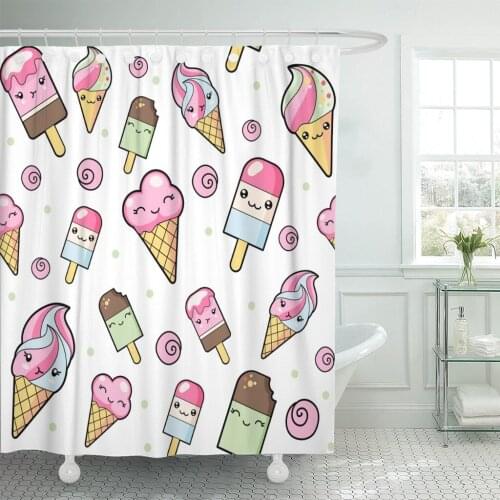 Colorful Food with Cute Cartoon Ice Creams on White in Japan Kawaii Style Pink Pastry Shower Curtain Waterproof Polyester Fabric