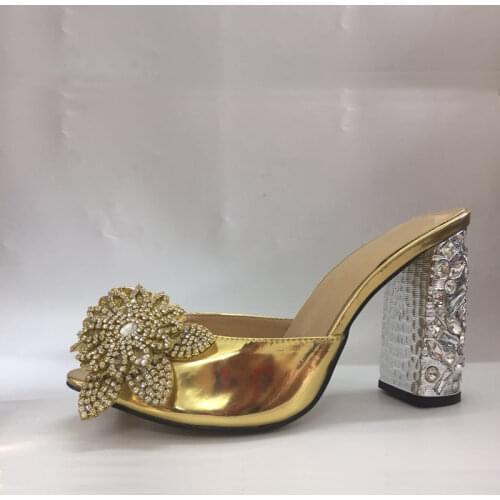 10cm Crystal Chunky Heel Gold Mules Summer Leather Dress Shoes Women Slippers Beading Flower High Heel Slippers Shoes