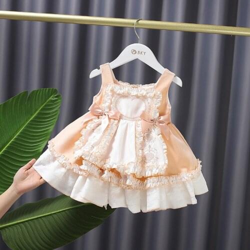 2021 Summer Baby Girls Sweet Bowknot Lace Lolita Dress Infants A-line Brim Party Vintage Princess Dress Kids