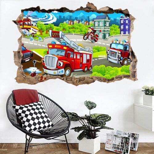 Cartoon 3D Broken Wall Car Wall Stickers for Kids Room Bedroom Living Room Decoration Restaurant Backdrop Decals Removable PVC
