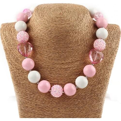 Infants Baby Girls Birthday Gift Jewelry Pink Heart Charm Women Beaded Strand Necklace Kids 20mm Chunky Bubblegum Necklaces