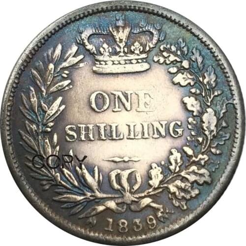 Untied Kingdom Products VICTORIA DEI GRATRIA BRITANNIAR One Shilling 1839 Brass Silver Plated Copy Coin Can Accept Custom