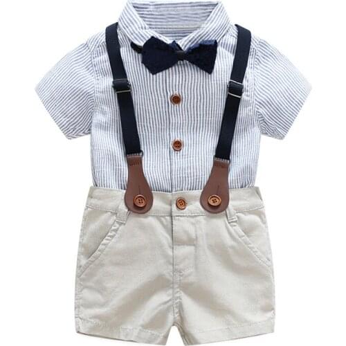 Boys Bow Decor Stripes Shirts+Khaki Strap Shorts 2PCS Clothing Sets Little Gentlemen Brife Style Summer 2PCS Clothing Sets