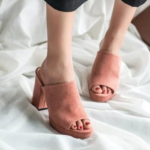 Solid Slippers Soft Leather Summer Women Slippers 10cm High Heels Open Toe Shoes Woman Casual Mules Suede Outside Slides