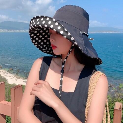 Lady Solid Color Hat Summer Wide Brim Large Eaves Cap Outdoor Beach Sunscreen Retro Polka Dot Sun Folding Caps