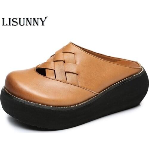 LISUNNY Genuine Leather Shoes Womens Slippers Handmade Slides Flip Flop On The Platform Clogs For Women Woman Slippers