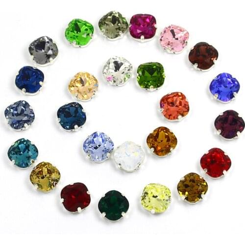 Crystal Sew On Rhinestone With Silver Claw 12mm fat square Flatback Bace with gem Sewn Rhinestones For Needlework Garment Shoes